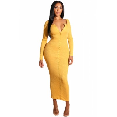 Black Long Sleeve Snap Button Ribbed Dress Yellow